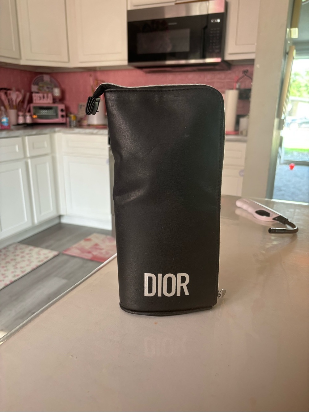 Dior Black Leather Zip Toiletry Pouch with White Logo